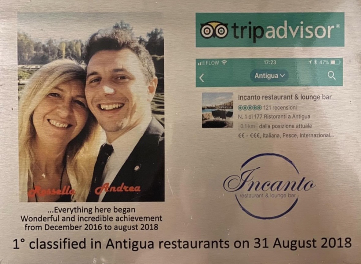The plaque at Incanto: first-classified in Antigua restaurants on TripAdvisor on 31 August 2018, with a photo of Rossella and Andrea