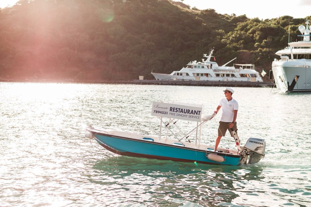 The free Incanto dinghy on English Harbour, for guests coming from Nelson's Dockyard