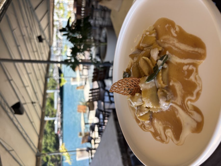 Homemade ravioli served on the deck overlooking English Harbour