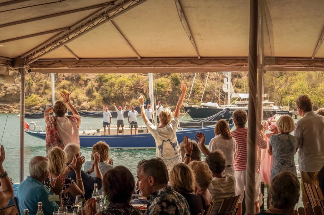 Antigua Classic Yacht Regatta crews at lunch on the Incanto deck